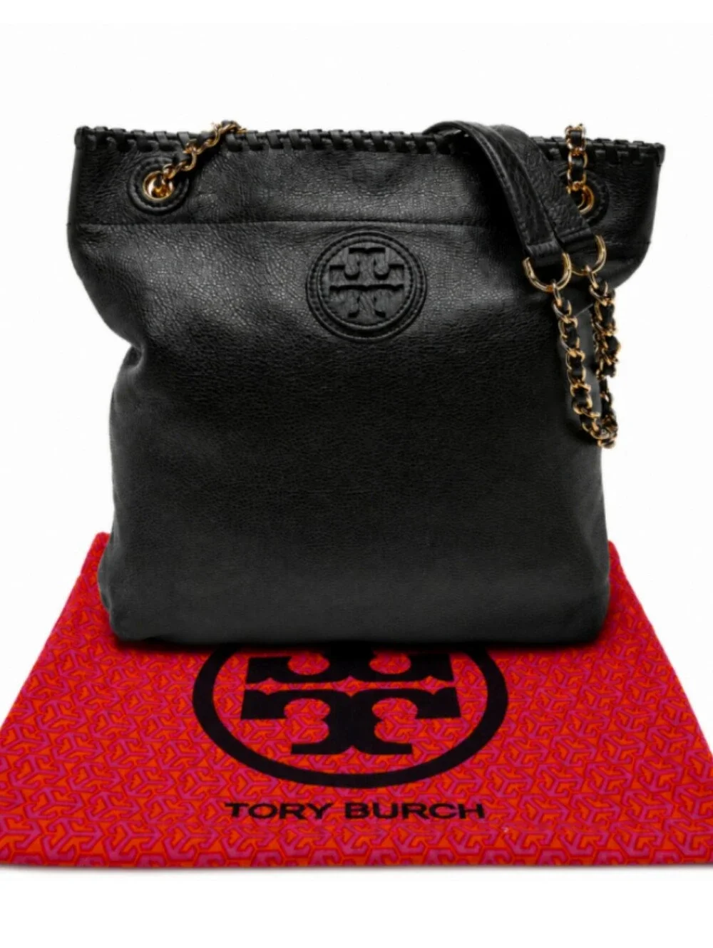 Tory Burch Marion Black Leather Slouchy Tote Hobo Chain Whipstitch W Dust Bag
